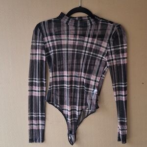 Plaid Long Sleeve All Sheer Bodysuit - Pink and Black